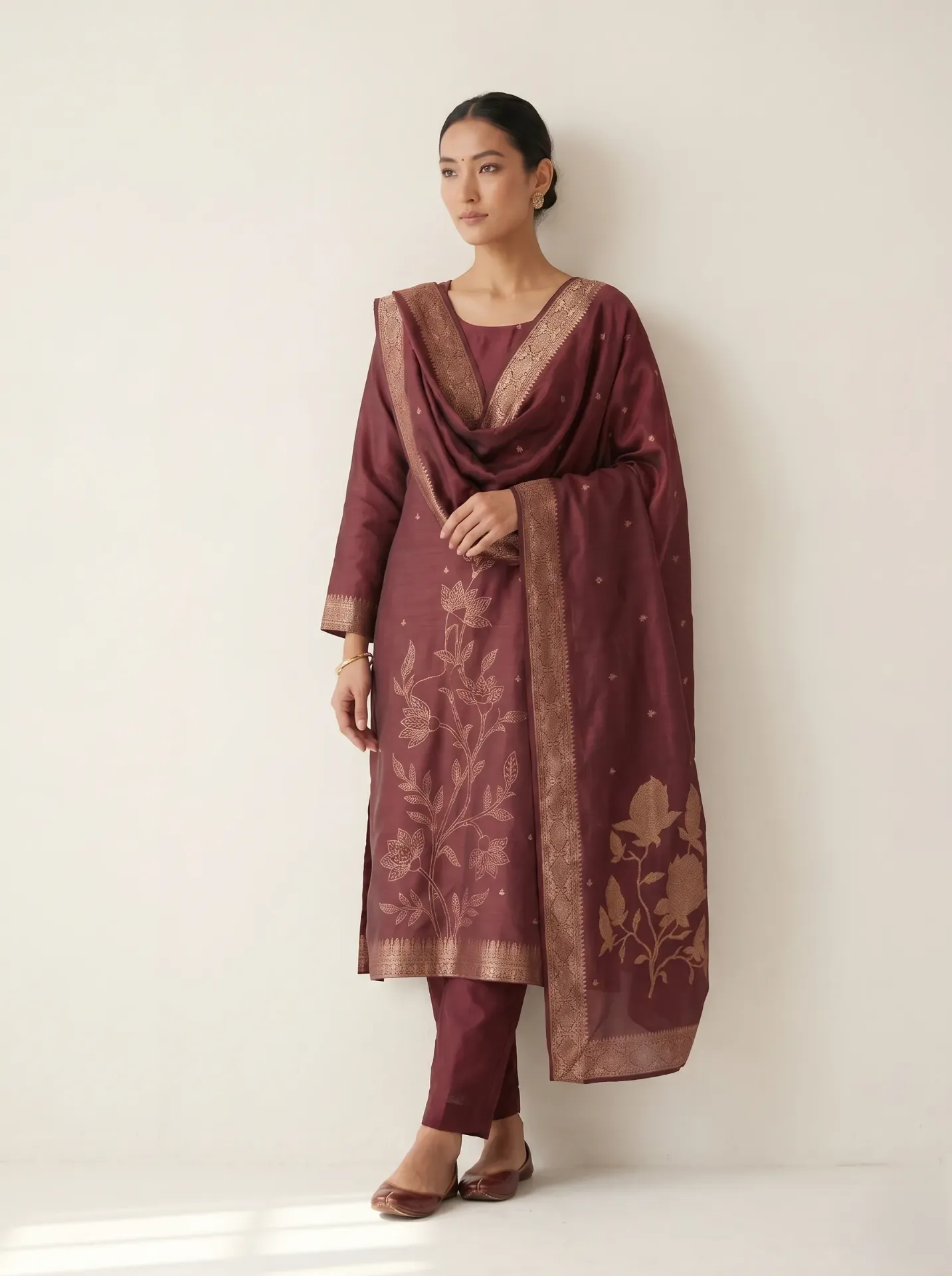 Mauve Silk Floral Woven Straight Kurta with Dupatta