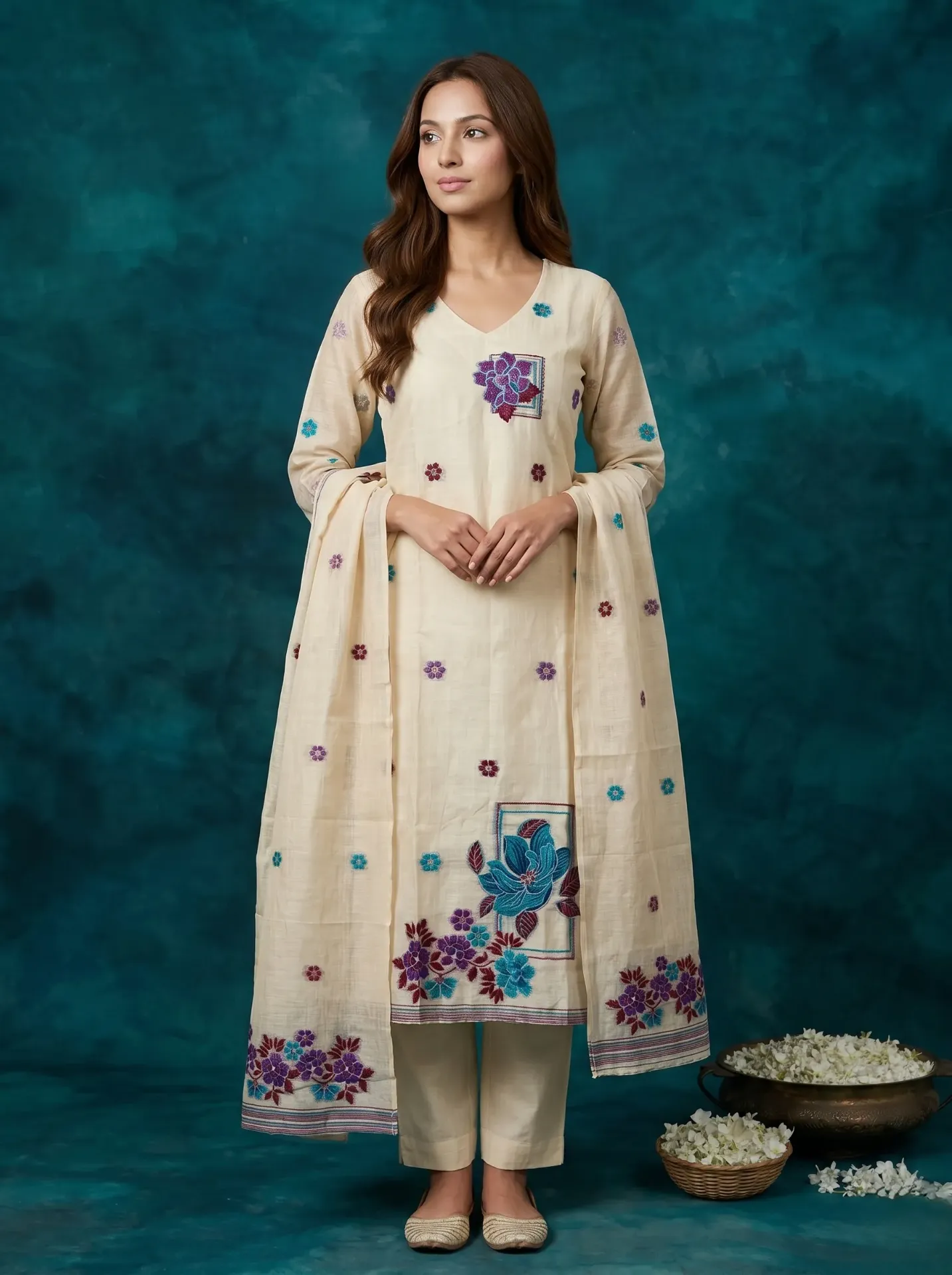 Women's Off-White Cotton Silk Embroidered Kurta with Dupatta