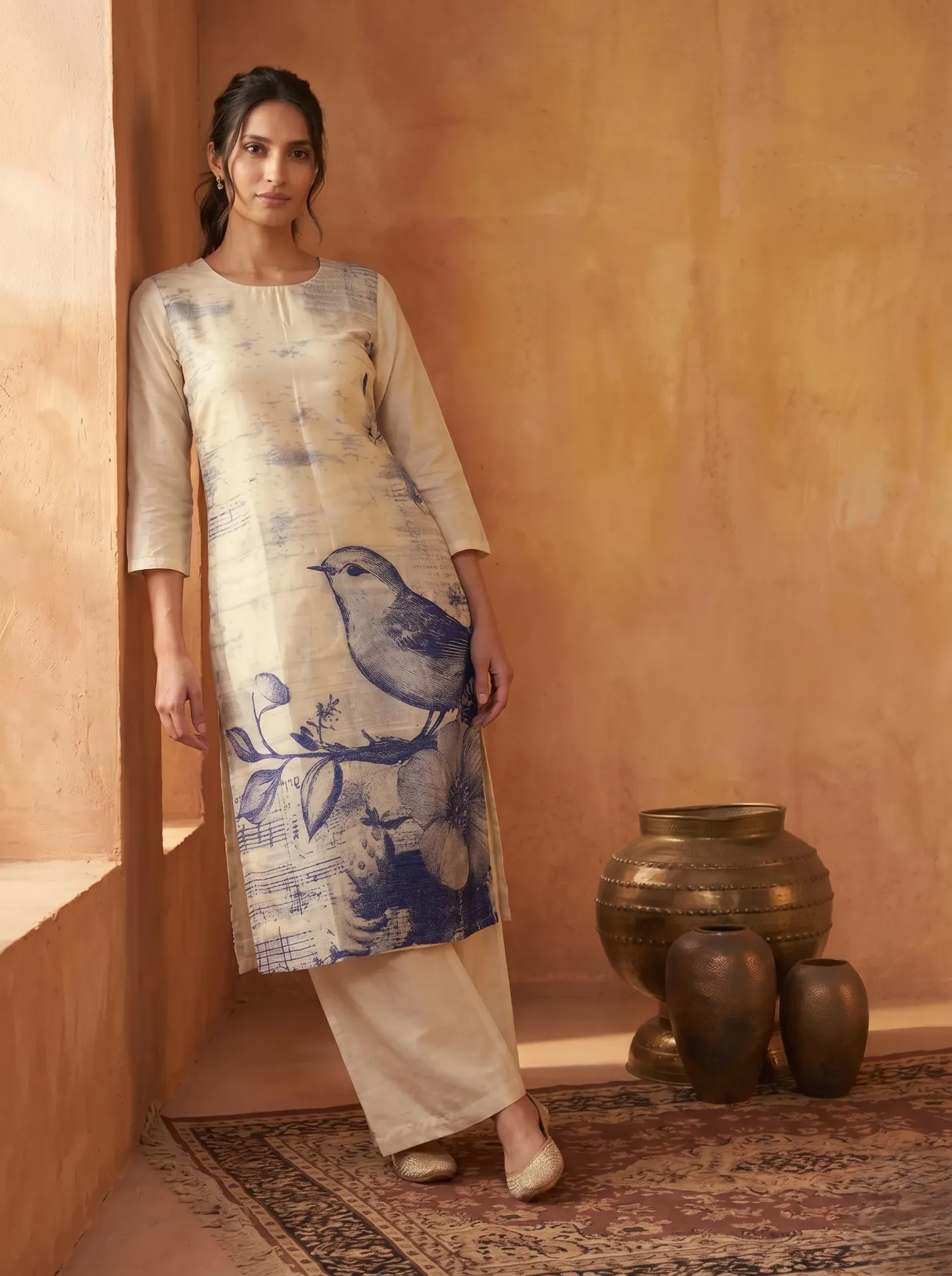 Women’s Off-White Cotton Silk Kurta with Indigo Bird Motif
