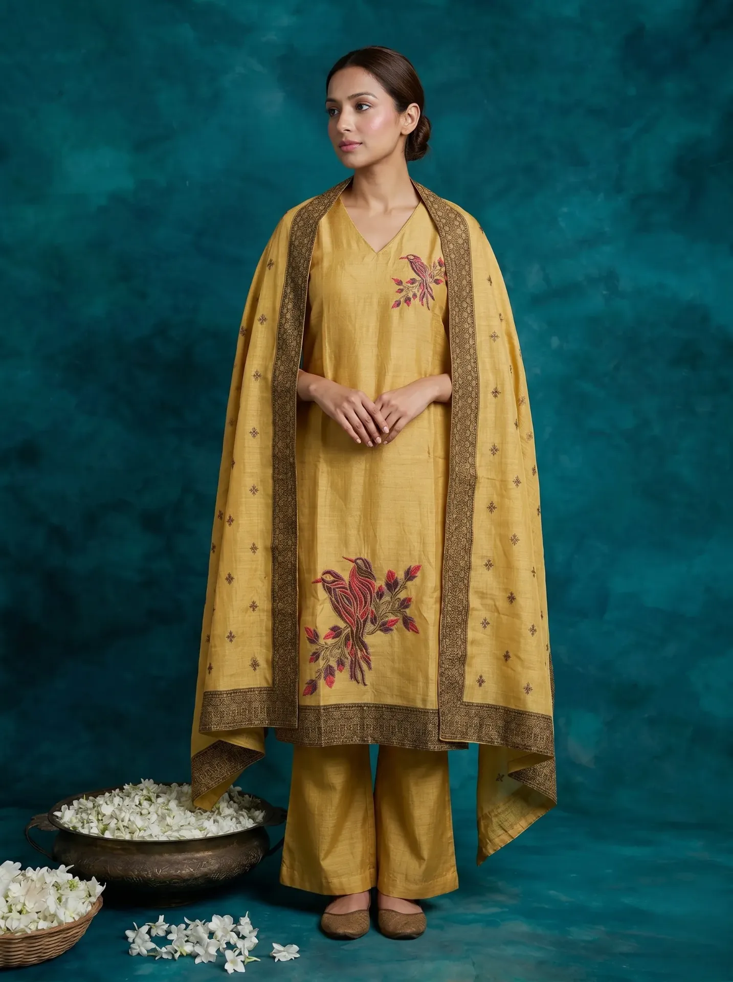 Women's Mustard Yellow Chanderi Silk Kurta With Dupatta