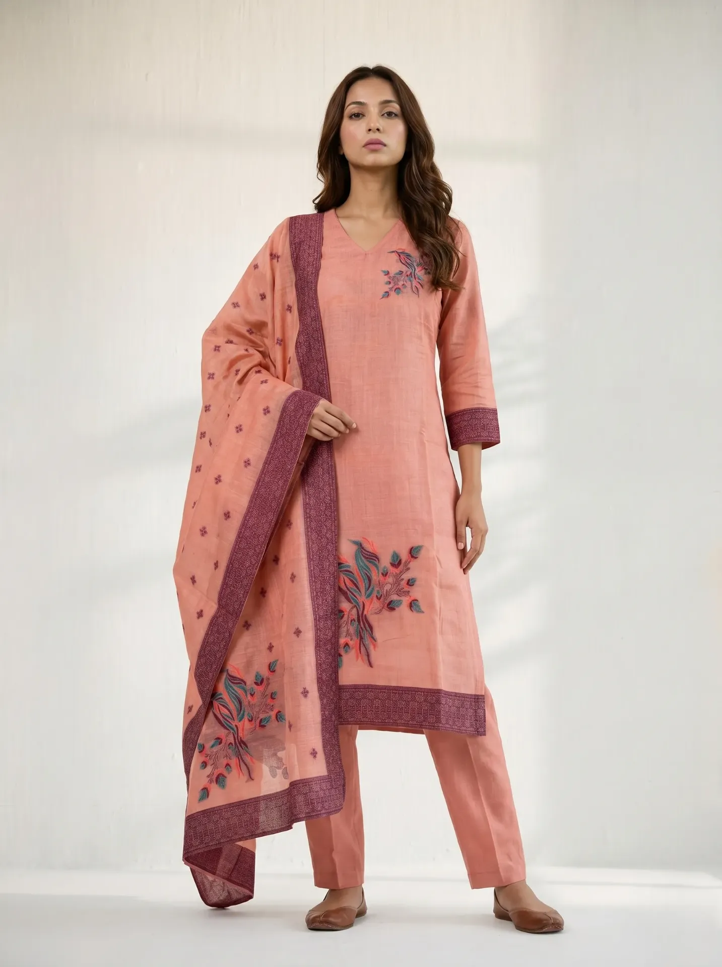 Peach-Colored Cotton Silk Anarkali-Style Straight Kurta with Dupatta