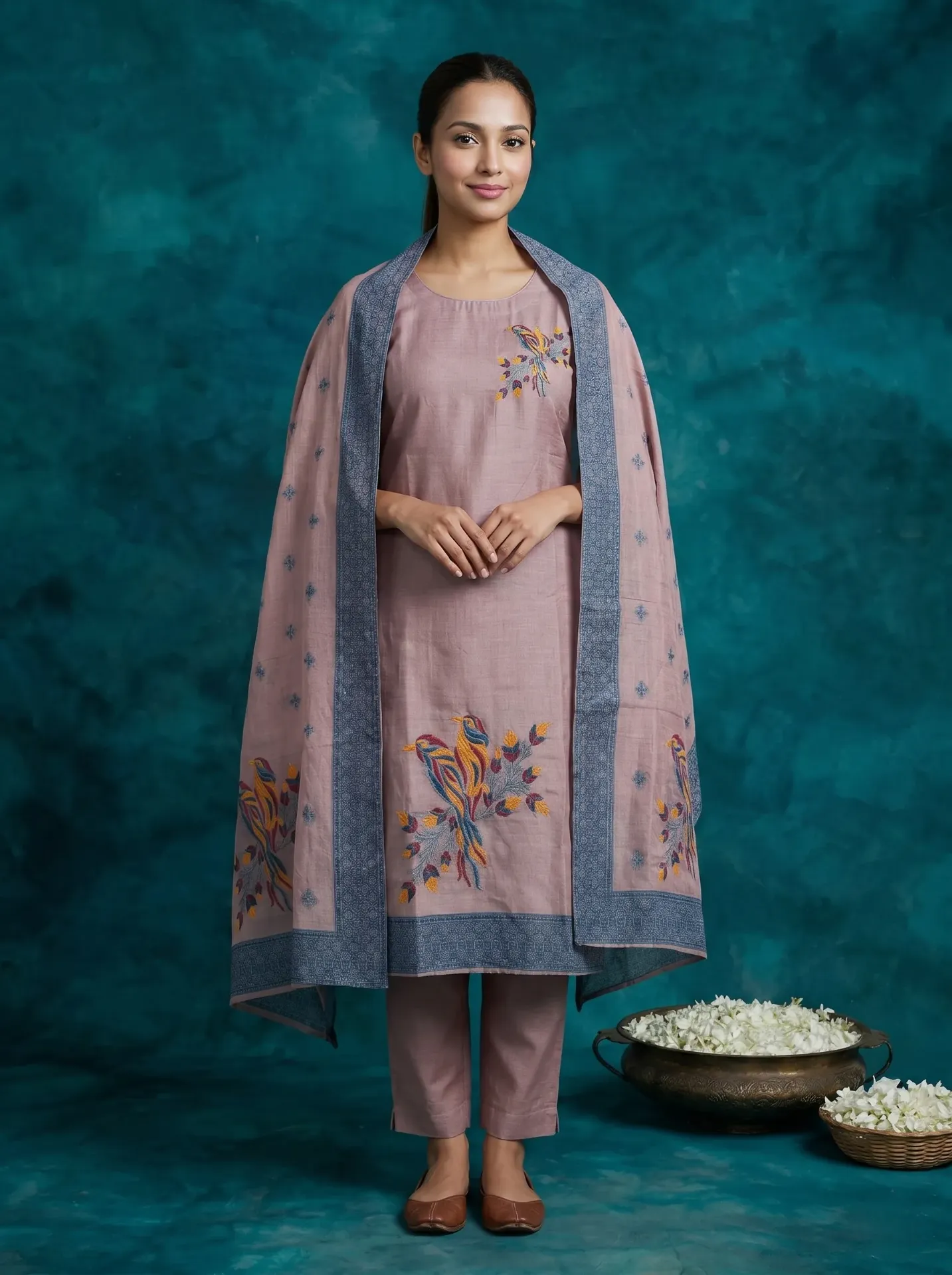 Women Mauve Floral & Bird Embroidered Kurta with Dupatta