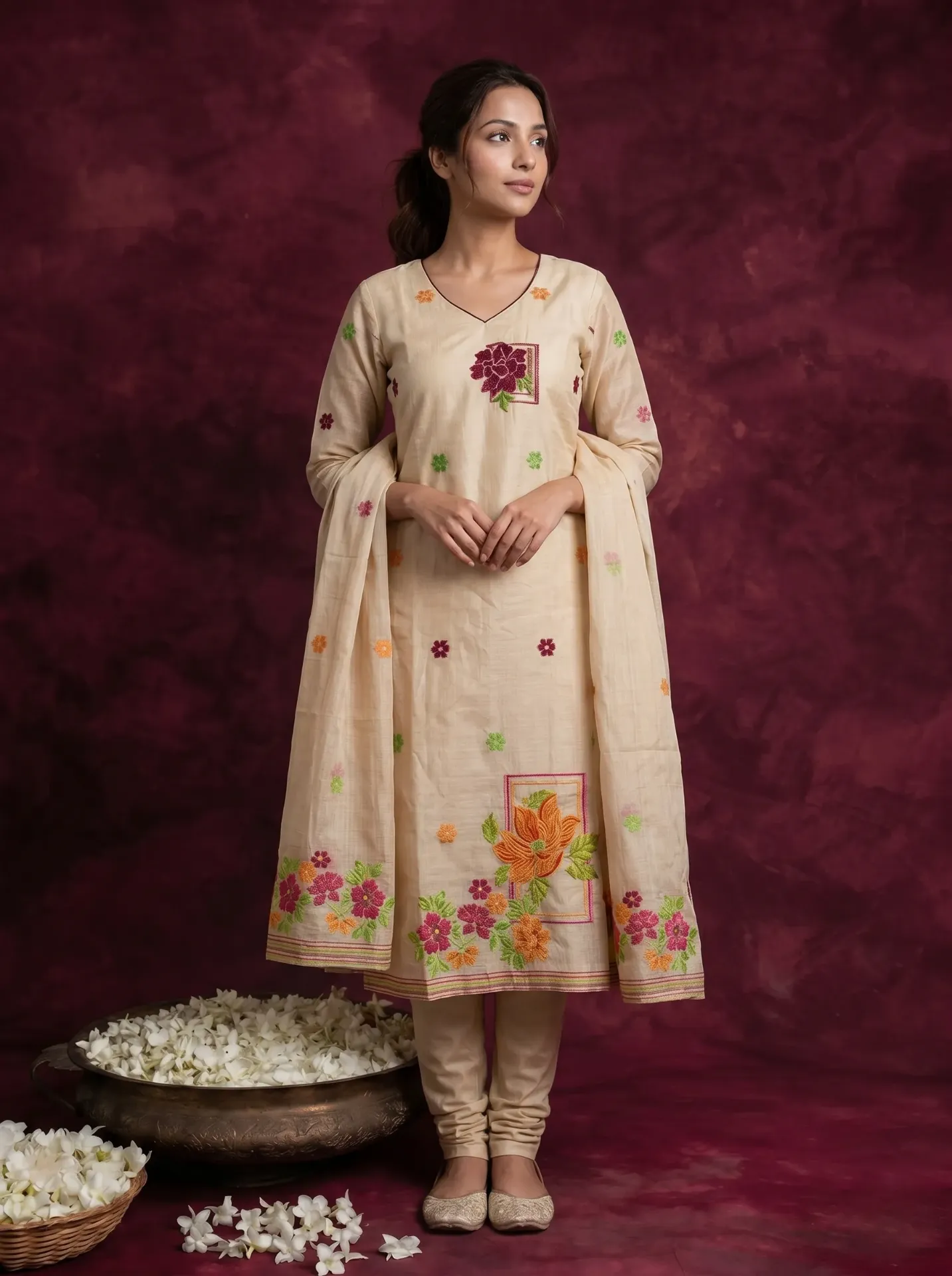 Women's Cream Chanderi Silk Floral Kurta with Dupatta