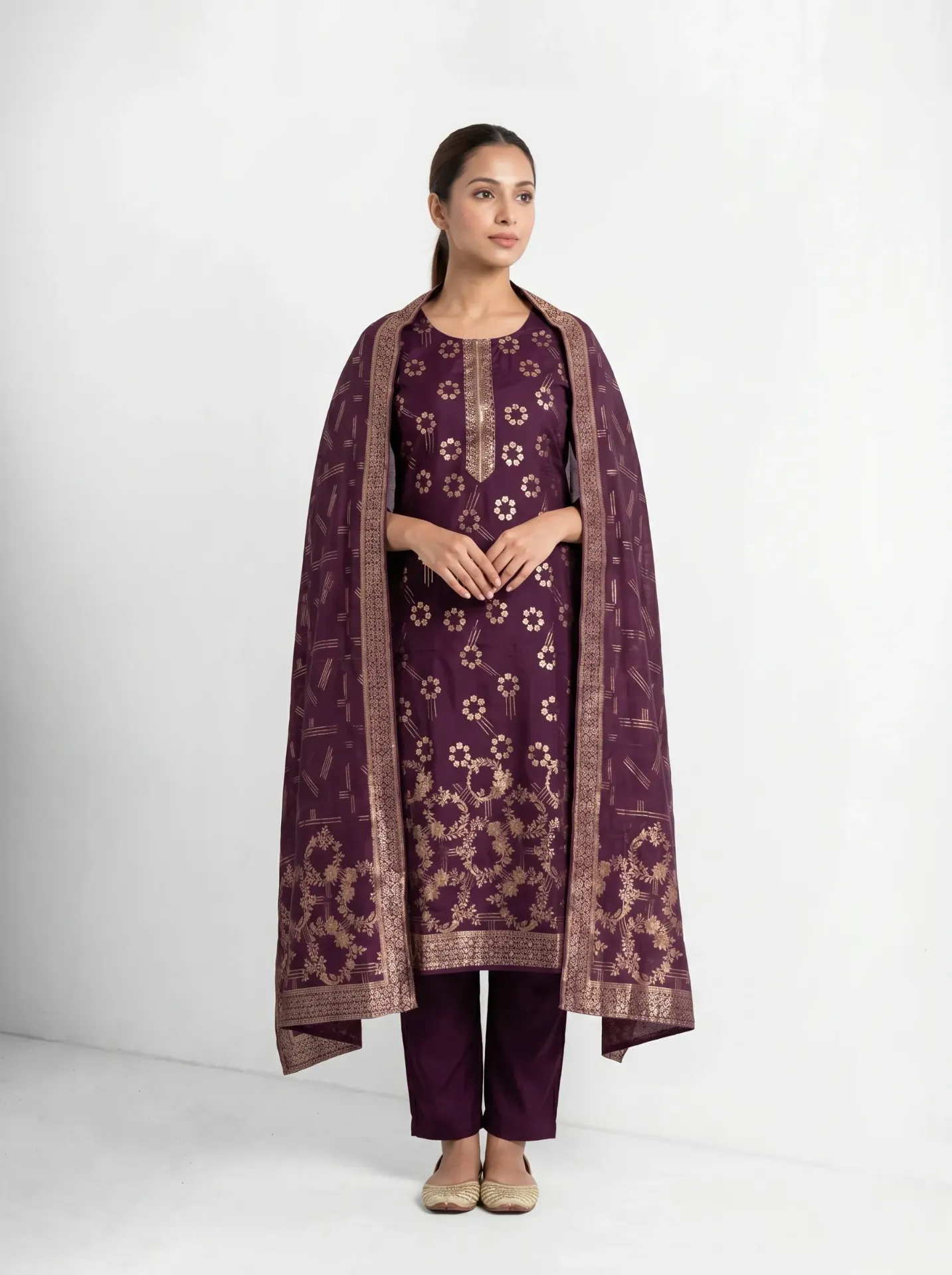 Ethnic Elegance Women Purple Floral Straight Kurta with Dupatta