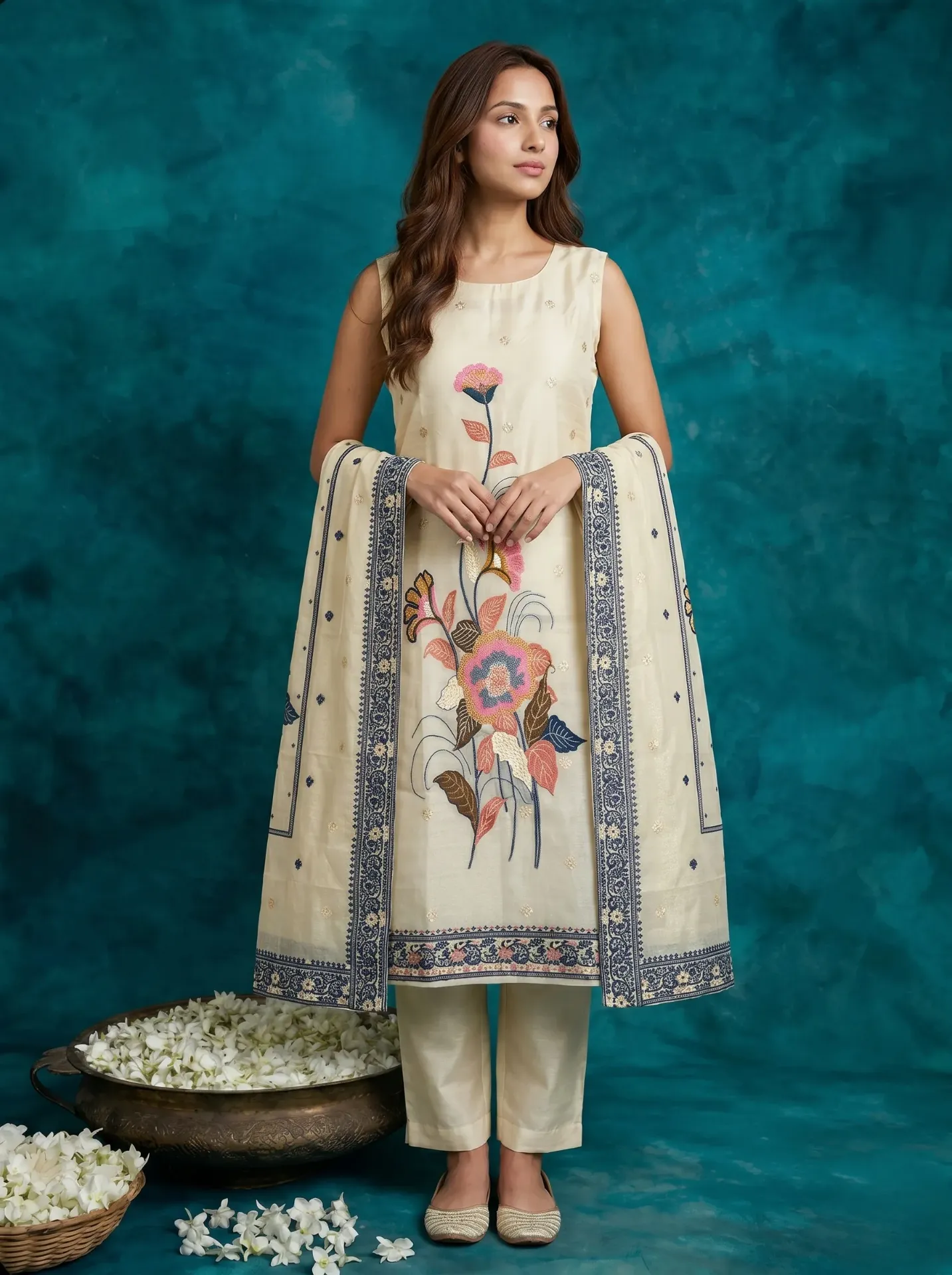 Luxury Cream Hand Chanderi Kurta with Dupatta