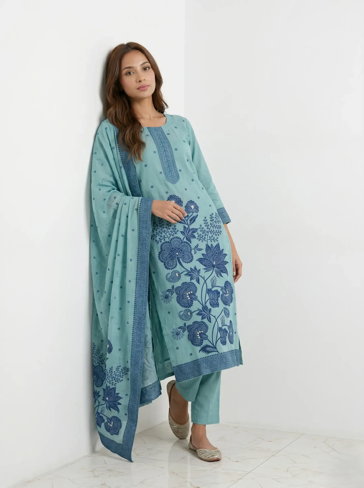 Women’s Turquoise Blue Floral Kurta & Dupatta