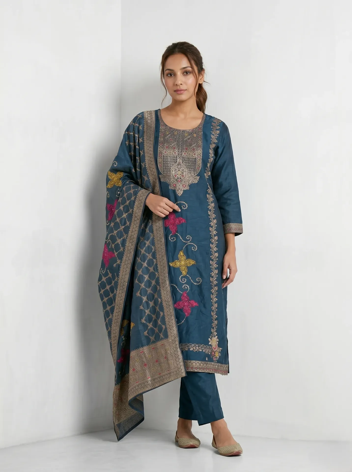 Women's Teal Blue Silk Blend Kurta with Dupatta