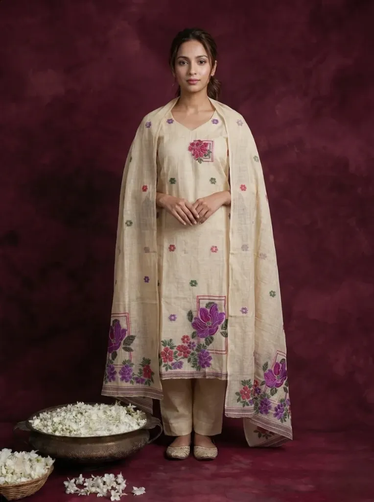 Women's Cream Khadi Silk Floral Kurta with Dupatta