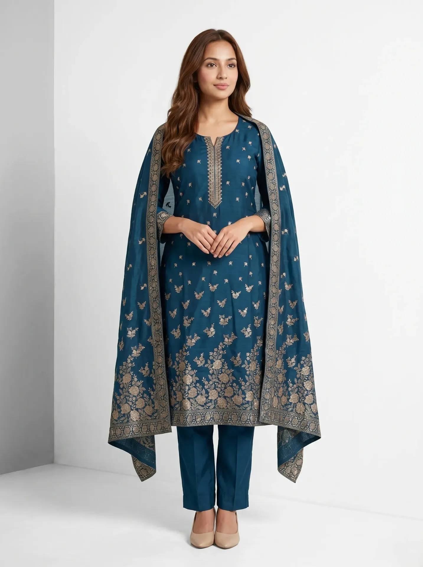 Women's Teal Blue Floral Kurta with Dupatta
