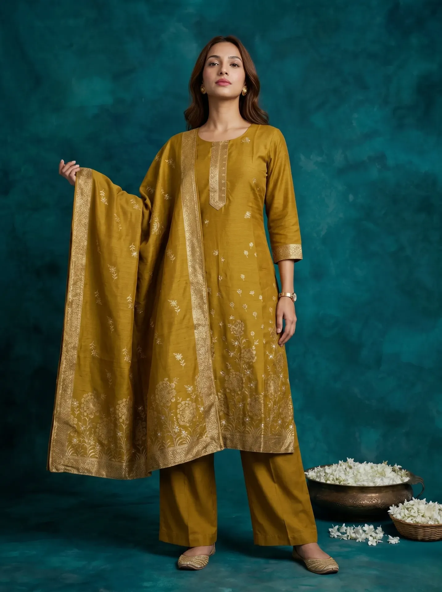 Women's Mustard Yellow Chanderi Silk Kurta with Dupatta