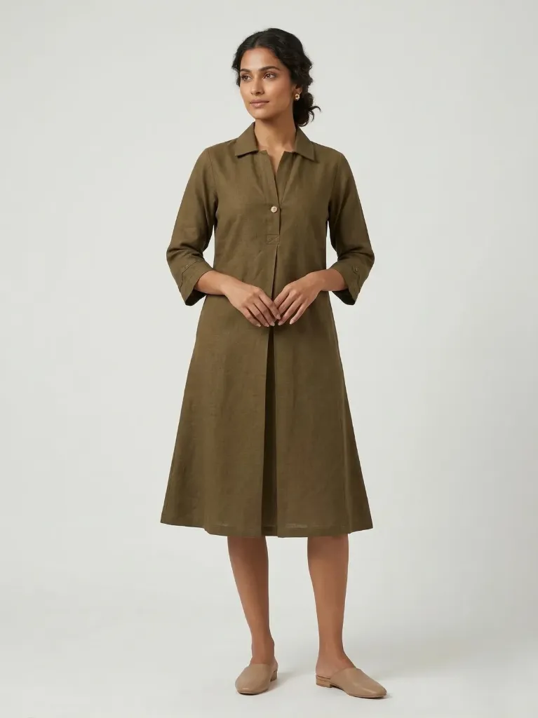 Women's Olive Green A-Line Midi Dress with Shirt Collar