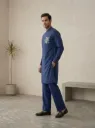 Prussian Blue Men's Modern Kurta Set with Hand-Embroidered Patch & Zip Mandarian Collar