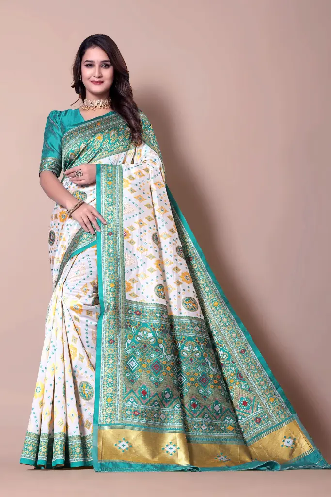 [SIV_0001] White Turquoise Blue Zariwork Cotton Saree
