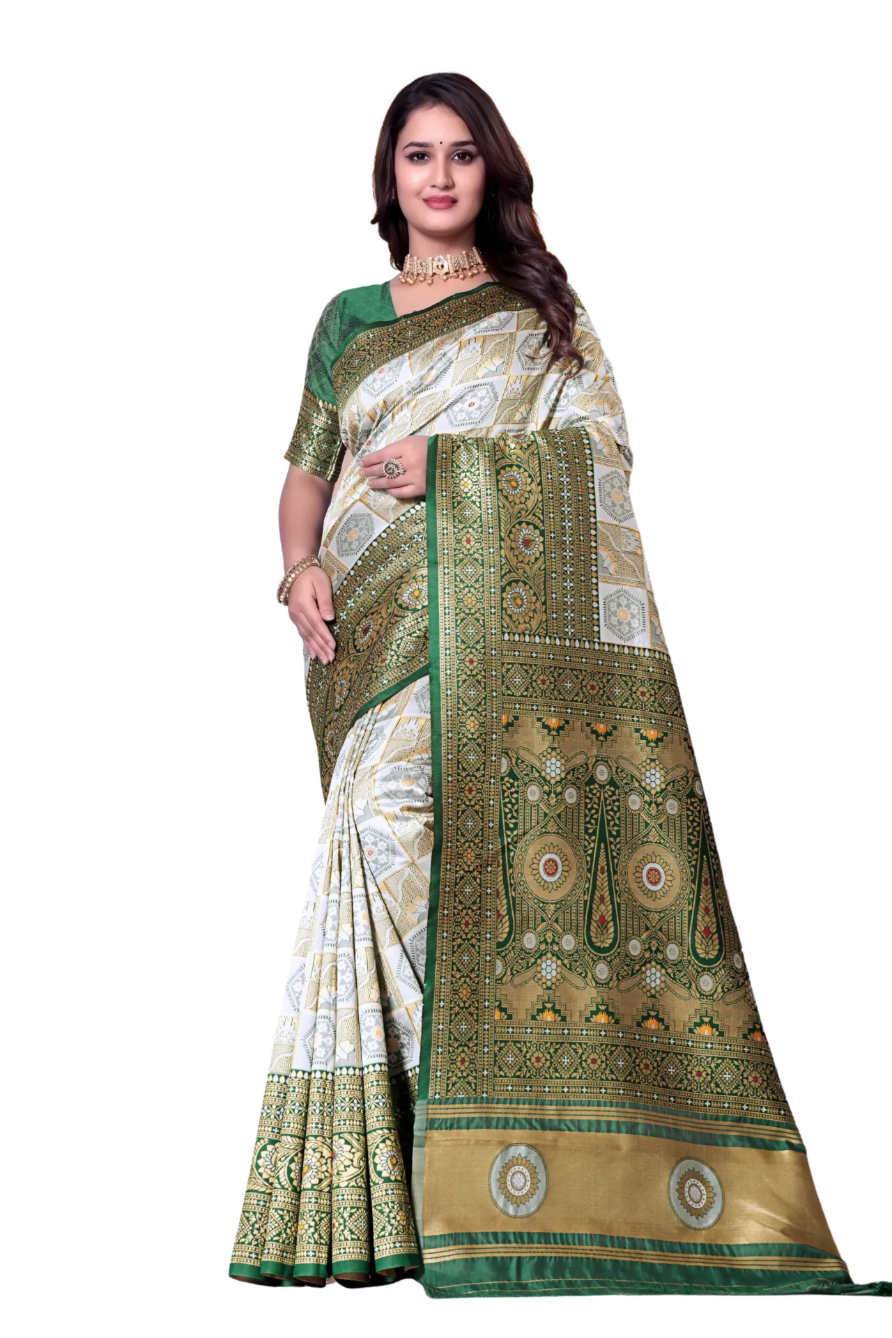 White Dark Green Pure Cotton Zariwork Saree 
