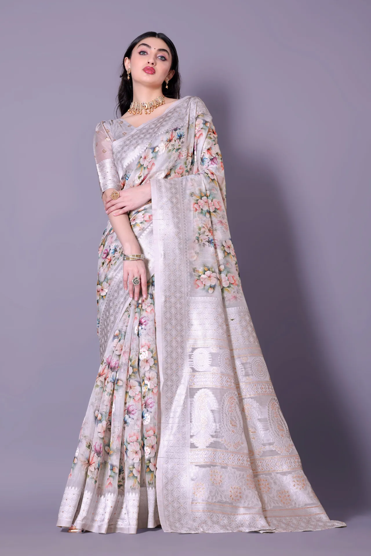 [SIV_0008] SILVER FLOWER PRINT SAREE
