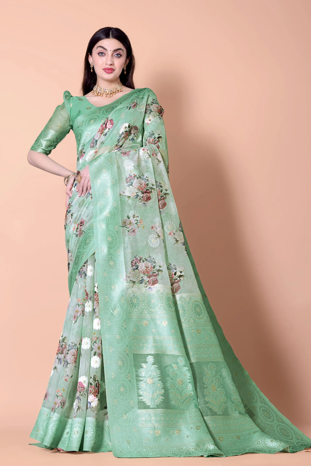 [SIV_0009] Green Printed Saree