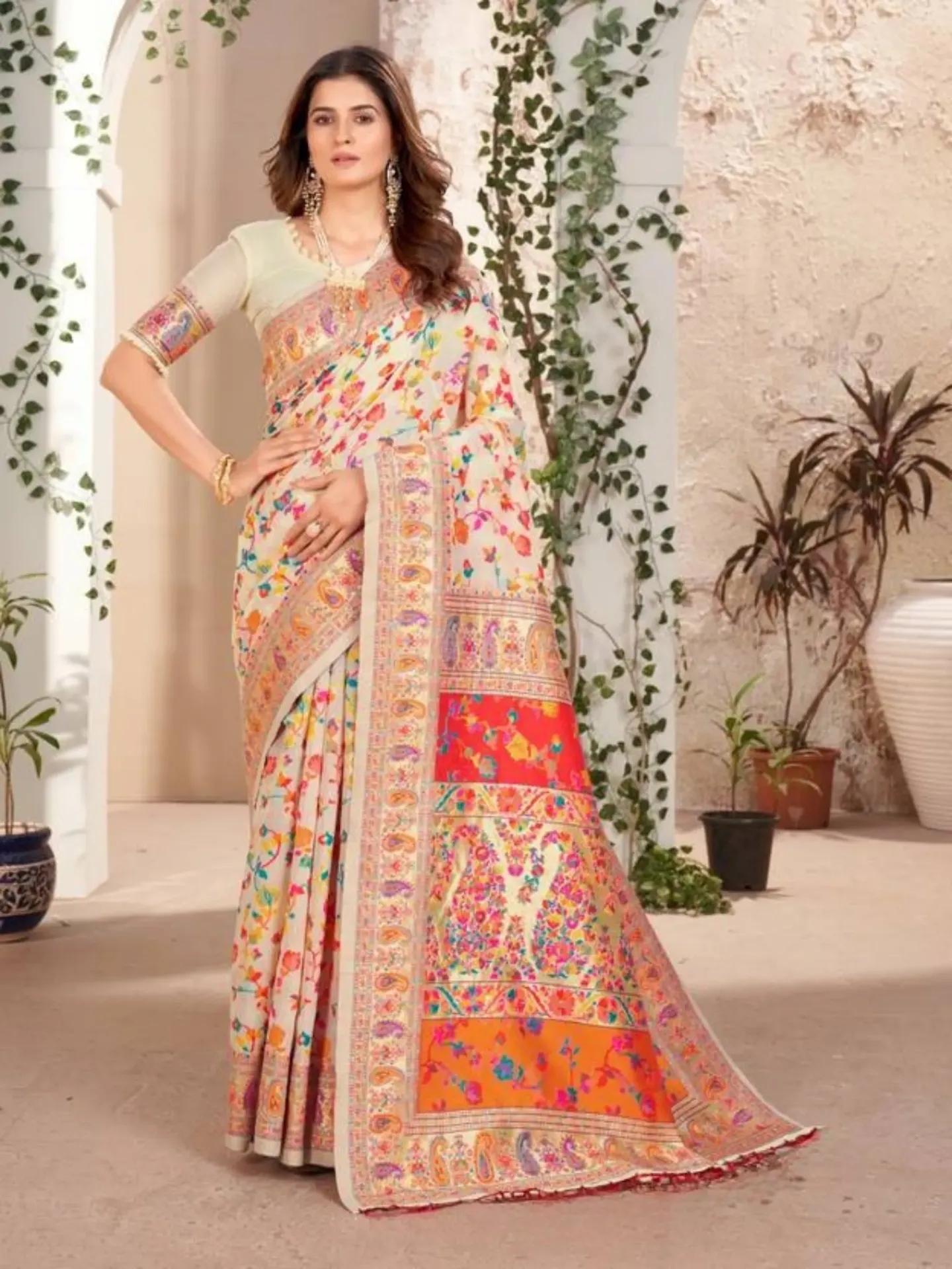 [SIV_0011] Off White Pashmina Saree